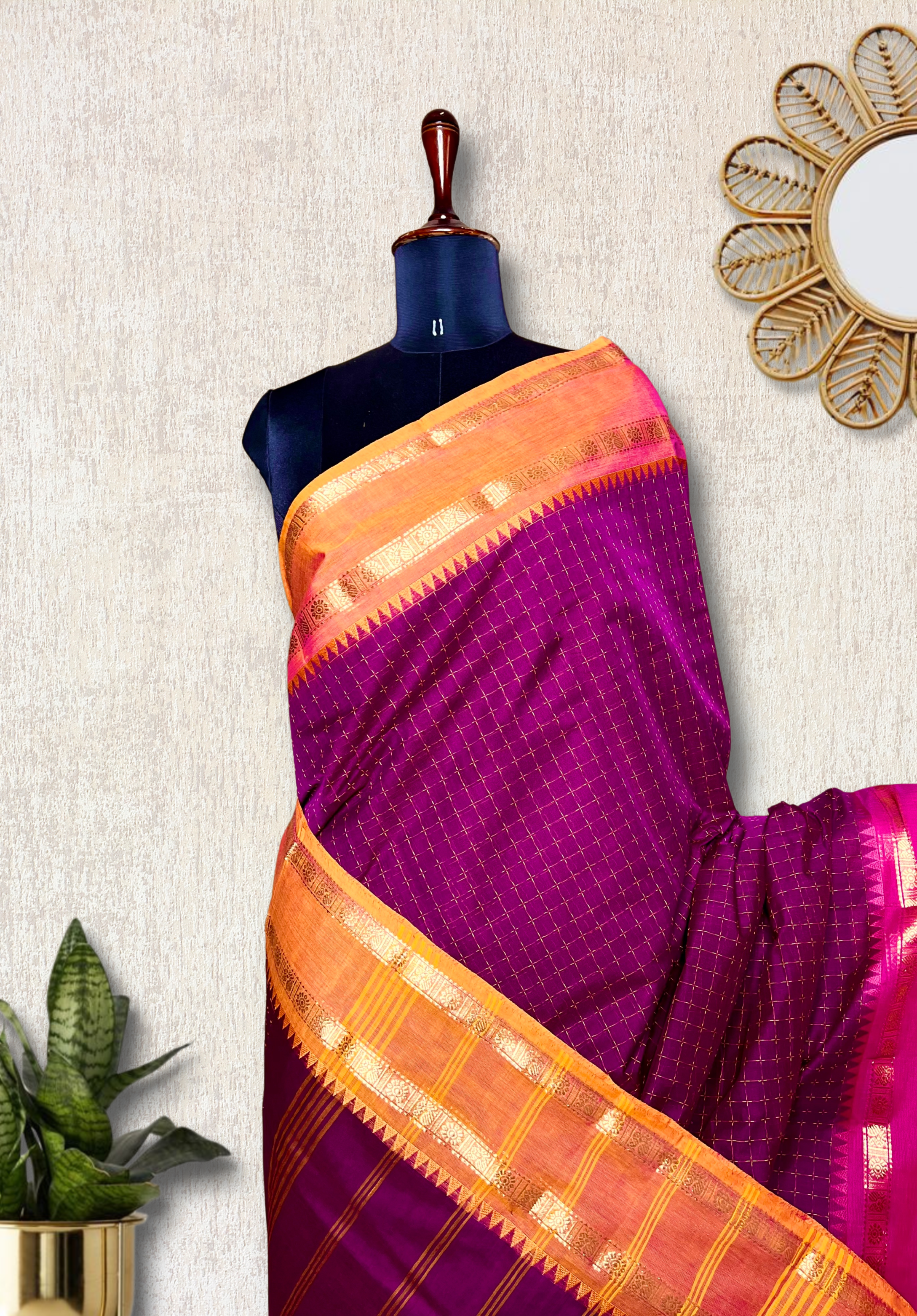 Chettinad Cotton Saree - Red Violet + Golden Grass