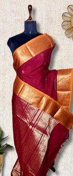 Load image into Gallery viewer, Kanchi Cotton Saree -  Mulberry Red + Fiery Orange
