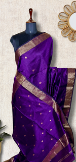 Load image into Gallery viewer, Handwoven Maheshwari Silk Cotton Saree - Eggplant Violet + Gold
