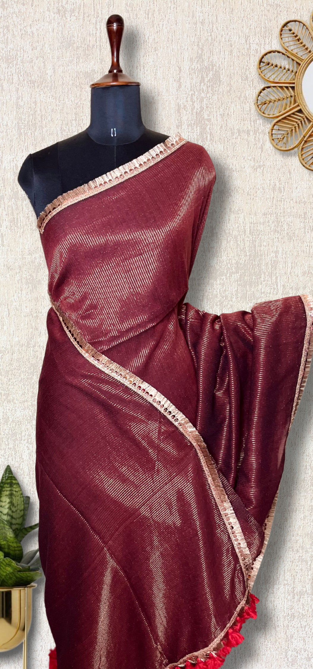 Handwoven Cotton Saree -  Persian Brown + Gold