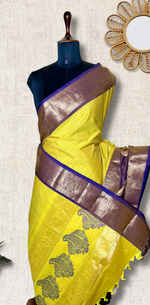 Load image into Gallery viewer, Kanchi Cotton Saree - Marigold Yellow  + Medium Purple
