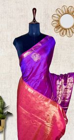 Load image into Gallery viewer, Handwoven Silk Cotton Saree - Royal purple + Flamingo Orange
