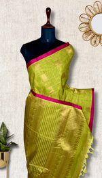Load image into Gallery viewer, Kanchi Cotton Saree - Swamp Green + Cardinal Pink
