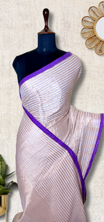 Load image into Gallery viewer, Handwoven Cotton Saree - Pearl White + Royal Purple
