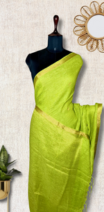 Load image into Gallery viewer, Handwoven Linen Saree - Mist Green + Flame Gold
