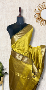 Load image into Gallery viewer, Handwoven Maheshwari Silk Cotton Saree - Marigold Yellow + Swamp Green
