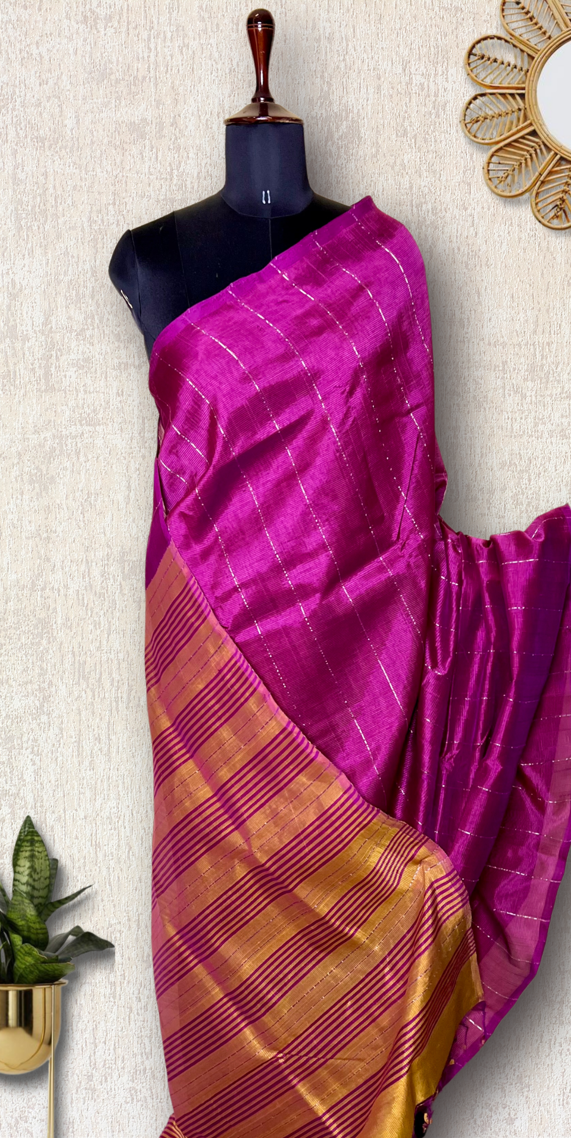 Handwoven Silk Cotton Saree - Cerise Red Violet + Sunshade Orange