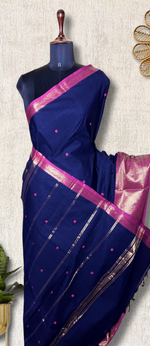 Load image into Gallery viewer, Chettinad Cotton Saree - Deep Blue + Medium Red Violet
