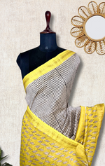 Load image into Gallery viewer, Handblock Printed Silk Cotton Saree - Mustard Yellow + Pearl Cream
