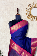 Load image into Gallery viewer, Kanchi Cotton Saree - Deep Blue  + Cannon Pink
