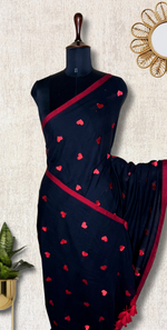 Load image into Gallery viewer, Handcrafted Cotton Saree - Black Pearl + Mexican Red
