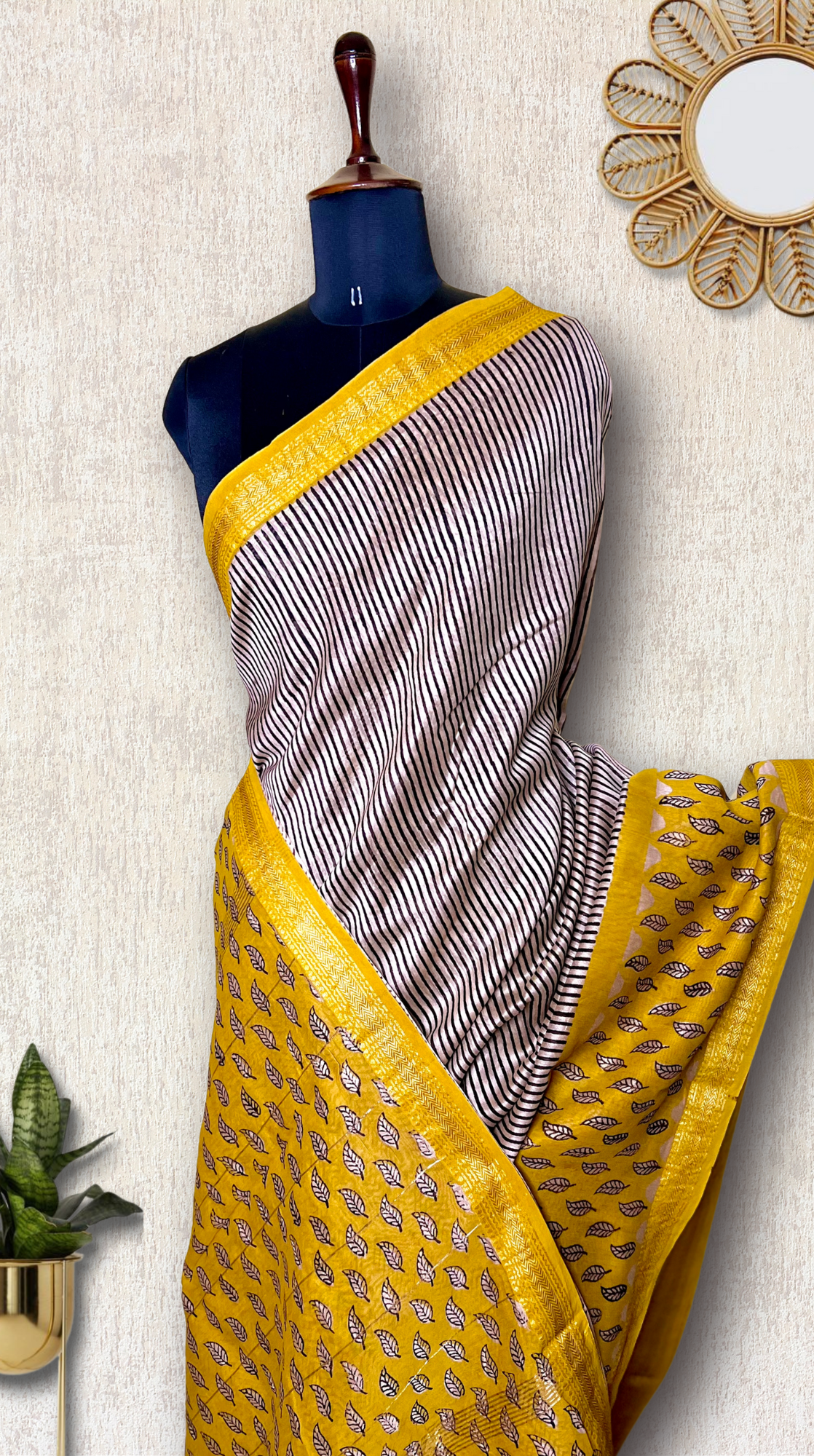 Handblock Printed Silk Cotton Saree - Pearl White + Corn Yellow