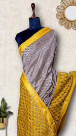 Load image into Gallery viewer, Handblock Printed Silk Cotton Saree - Pearl White + Corn Yellow
