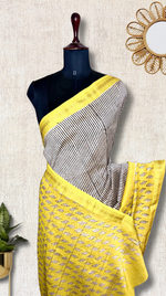 Load image into Gallery viewer, Handblock Printed Silk Cotton Saree - Mustard Yellow + Pearl Cream
