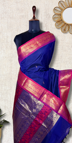 Load image into Gallery viewer, Kanchi Cotton Saree - Deep Blue  + Cannon Pink
