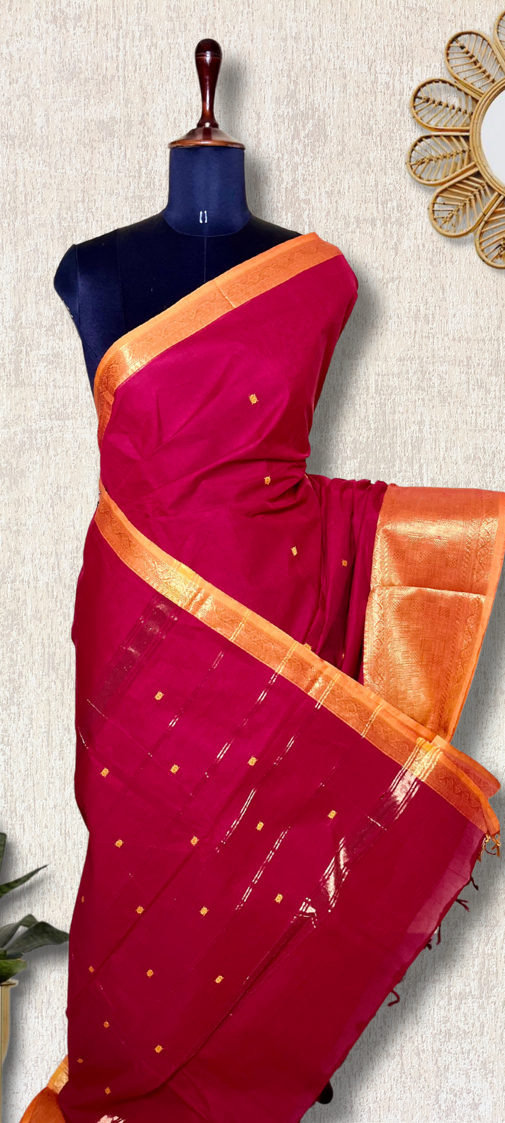 Chettinad Cotton Saree - Flush Maroon + Apricot yellow