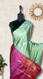 Load image into Gallery viewer, Handwoven Art Silk Saree - Spring Green + Cannon Pink
