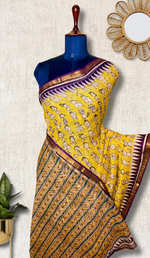 Load image into Gallery viewer, Handblock Printed Kota Doria Saree - Mustard Yellow + Pearl Black

