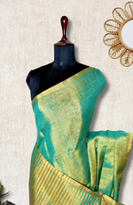 Load image into Gallery viewer, Handwoven Metallic Linen Tissue Saree - Green Gold
