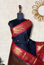 Load image into Gallery viewer, Kanchi Cotton Saree - Charcoal Black  + Brick Red
