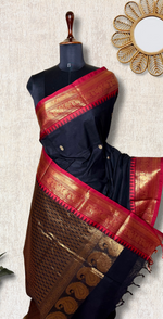 Load image into Gallery viewer, Kanchi Cotton Saree - Charcoal Black  + Brick Red
