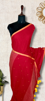Load image into Gallery viewer, Handwoven Cotton Saree - Curious Red +  Marvellous Yellow
