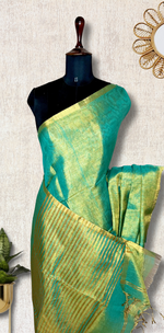 Load image into Gallery viewer, Handwoven Metallic Linen Tissue Saree - Green Gold
