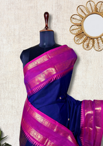 Load image into Gallery viewer, Kanchi Cotton Saree - Persian Blue  + Cardinal Pink
