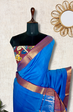 Load image into Gallery viewer, Handwoven Mangalgiri Cotton Saree - French Blue + Dark Maroon
