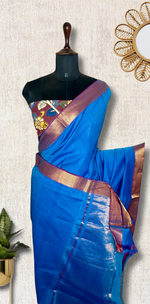 Load image into Gallery viewer, Handwoven Mangalgiri Cotton Saree - French Blue + Dark Maroon
