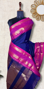Load image into Gallery viewer, Kanchi Cotton Saree - Persian Blue  + Cardinal Pink
