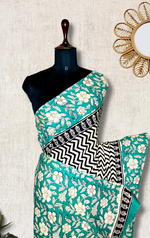 Load image into Gallery viewer, Handcrafted Cotton Saree - Black Cream + Turquoish Blue
