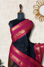 Load image into Gallery viewer, Kanchi Cotton Saree - Smoky Black  + Mulberry Pink

