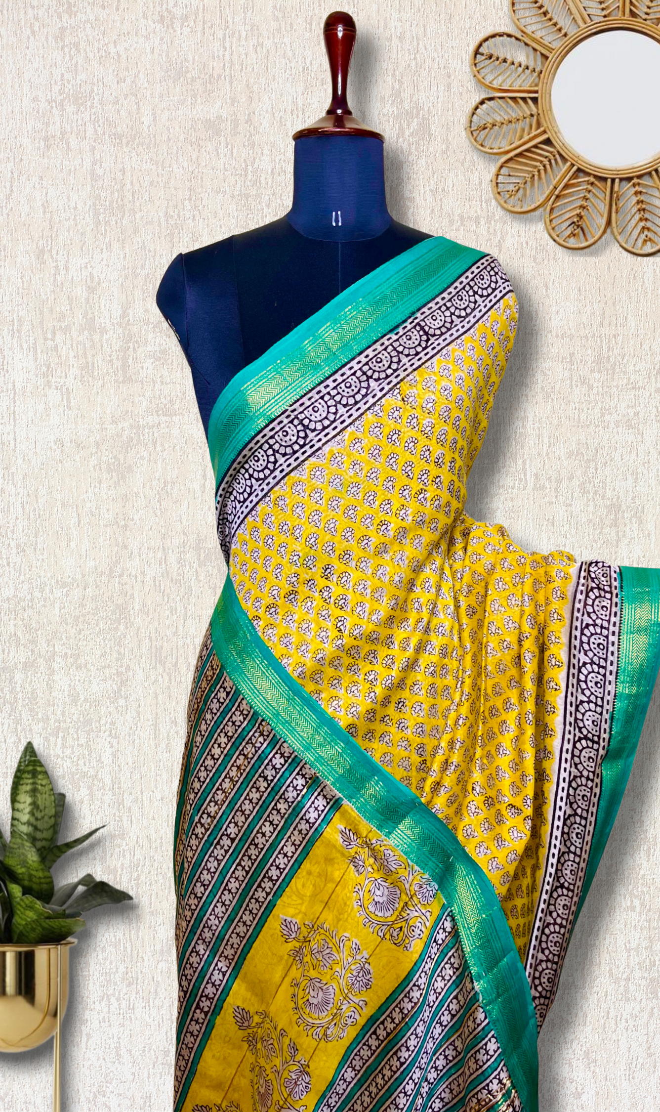Handblock Printed Silk Cotton Saree - Bright Sun Yellow + Jungle Green