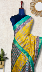 Load image into Gallery viewer, Handblock Printed Silk Cotton Saree - Bright Sun Yellow + Jungle Green
