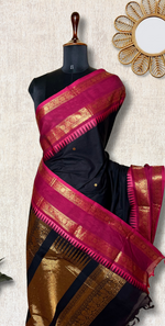 Load image into Gallery viewer, Kanchi Cotton Saree - Smoky Black  + Mulberry Pink
