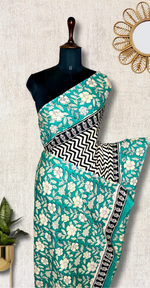 Load image into Gallery viewer, Handcrafted Cotton Saree - Black Cream + Turquoish Blue
