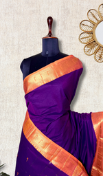 Load image into Gallery viewer, Chettinad Cotton Saree - Pigment Indigo + Rust Orange
