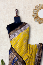 Load image into Gallery viewer, Handblock Printed Silk Cotton Saree - Fuel Yellow + Olive Green
