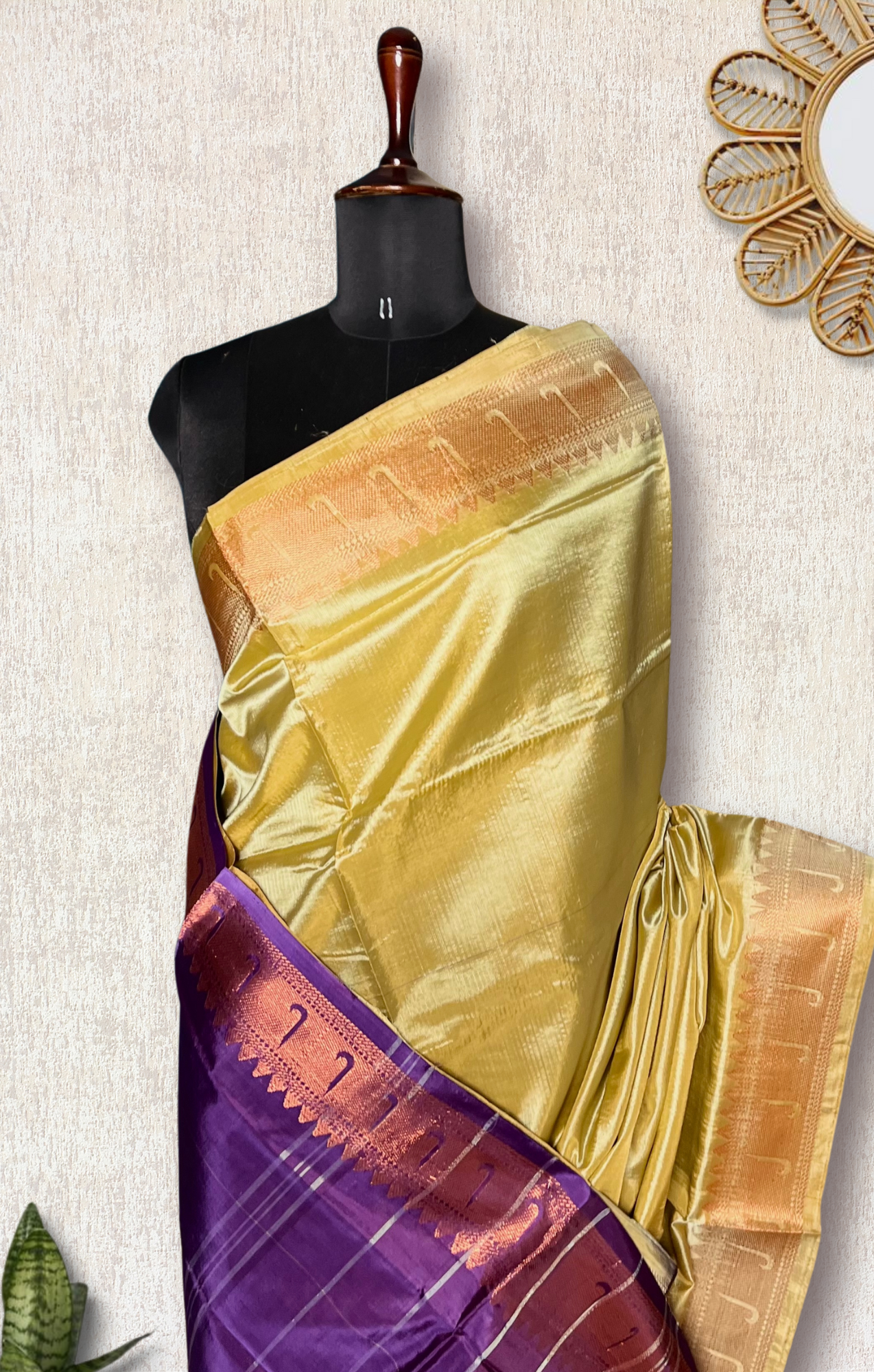 Handwoven Art Silk Saree - Texas Gold + Wine Berry