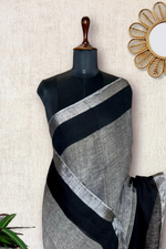 Load image into Gallery viewer, Handwoven Linen Saree - Gray + Black
