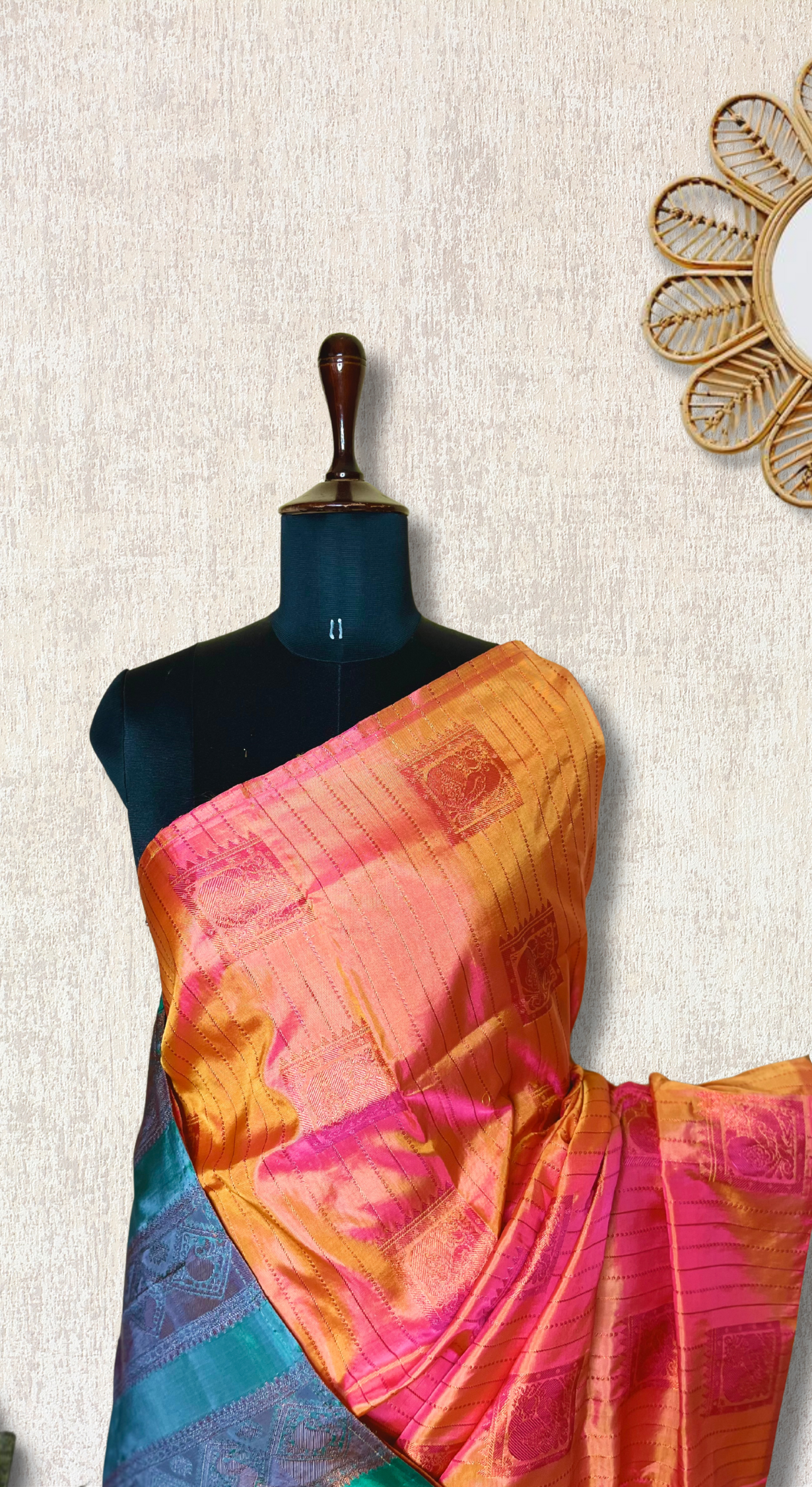 Handwoven Art Silk Saree -  Crimson Orange + Deep Sea Green