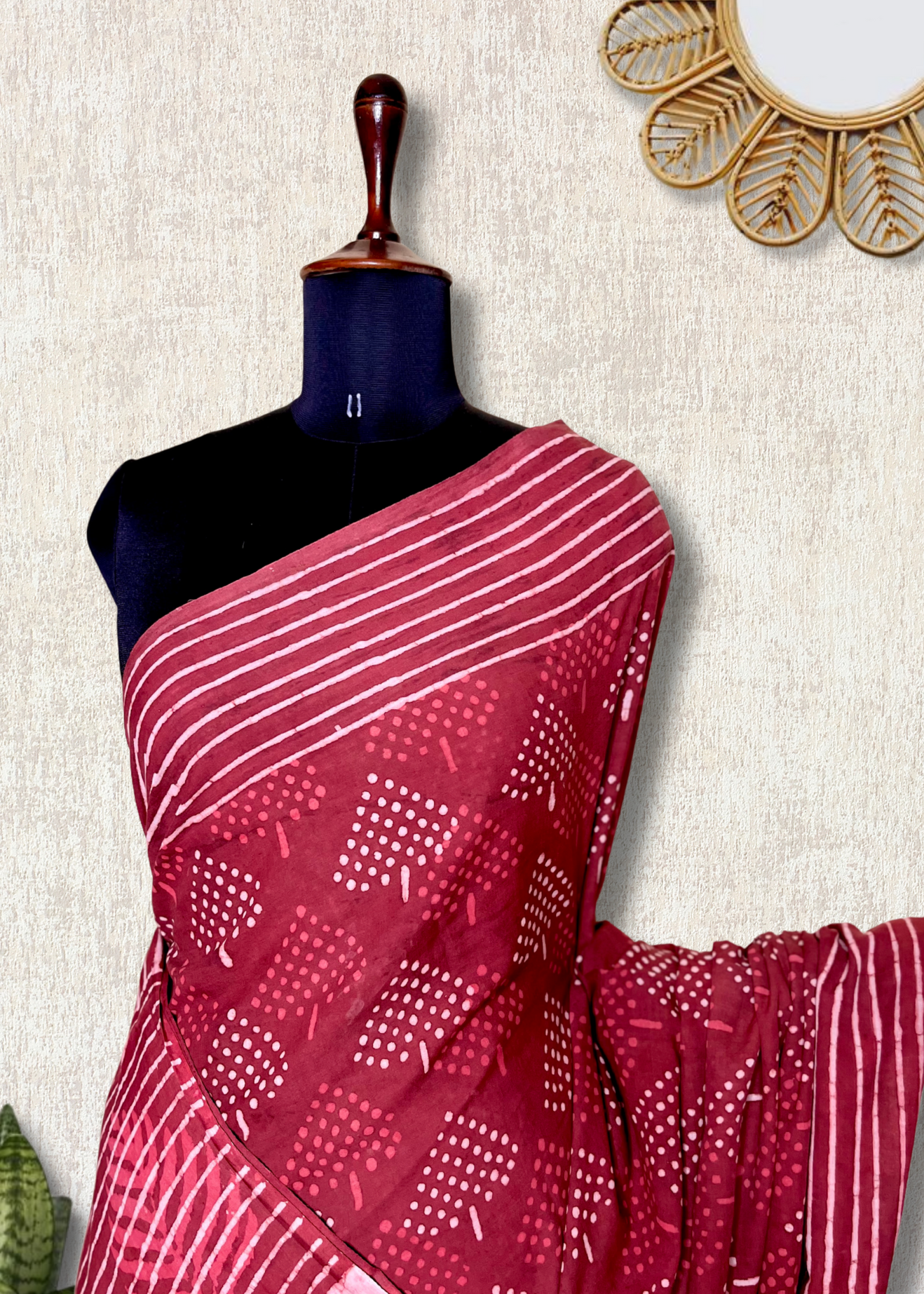 Handblock Printed Cotton Saree -  Amaranth Red  + Swiss Cream
