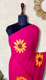 Load image into Gallery viewer, Hand Painted Cotton Saree - Cerise Rose + Corn Yellow
