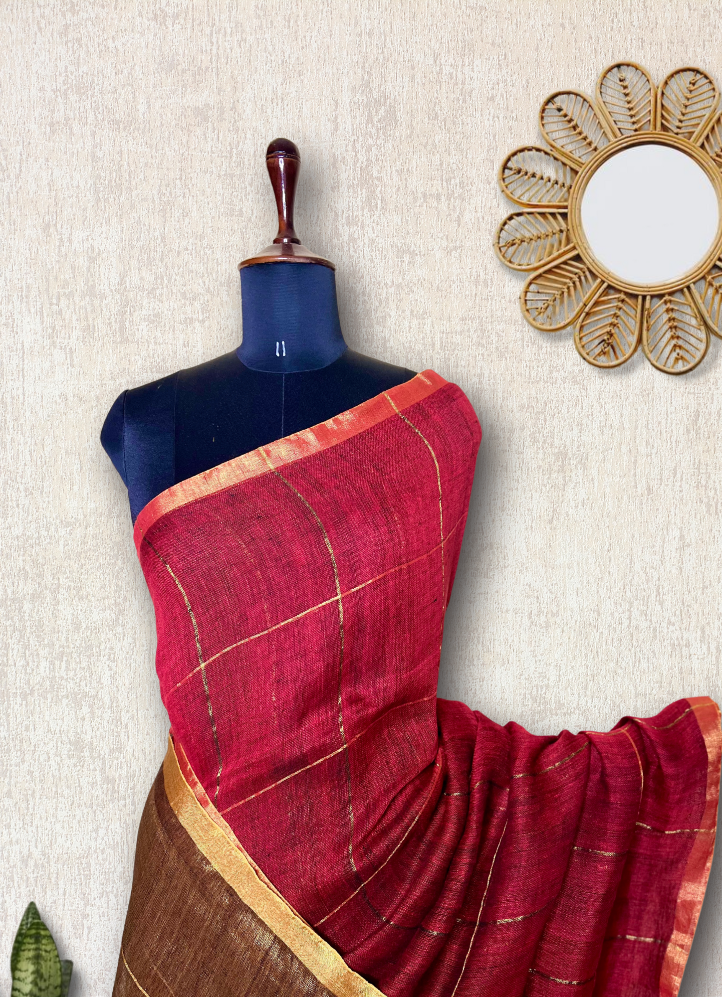 Handwoven Linen Saree - Mexican Red + Golden Zari