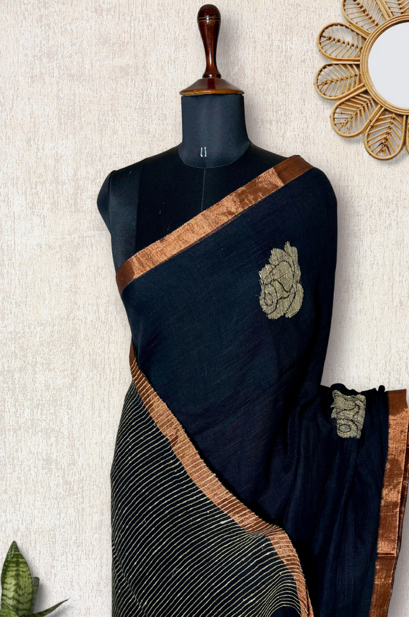 Handwoven Linen Saree - Rose Black + Zari