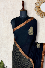 Load image into Gallery viewer, Handwoven Linen Saree - Rose Black + Zari
