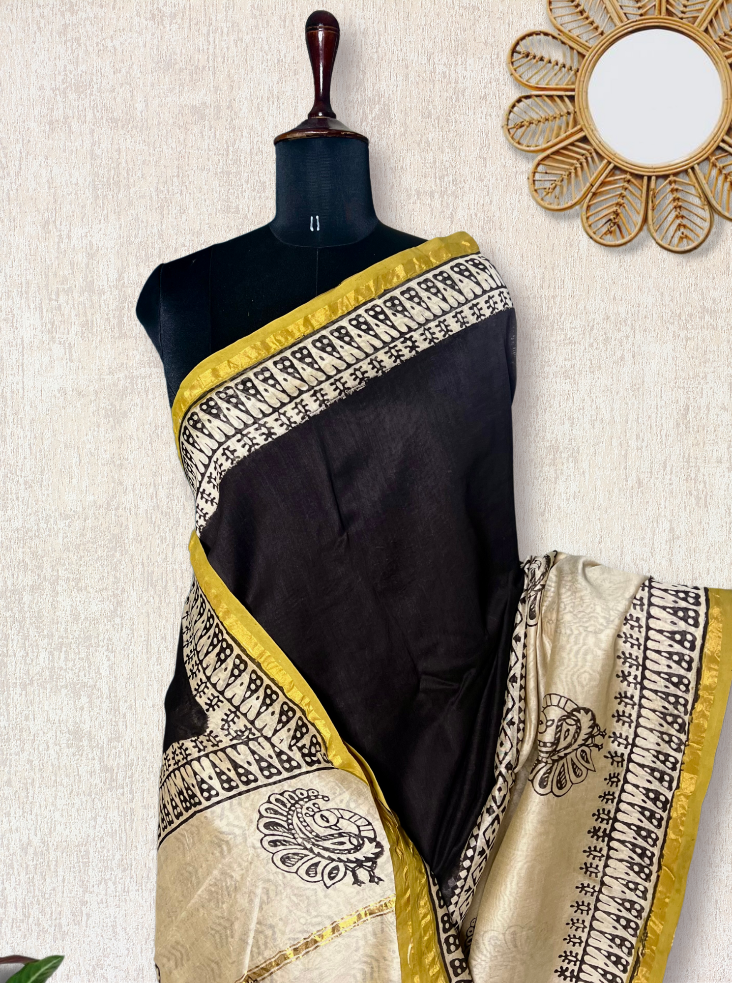 Handblock Printed Silk Cotton Saree -  Thunder Black + Cream