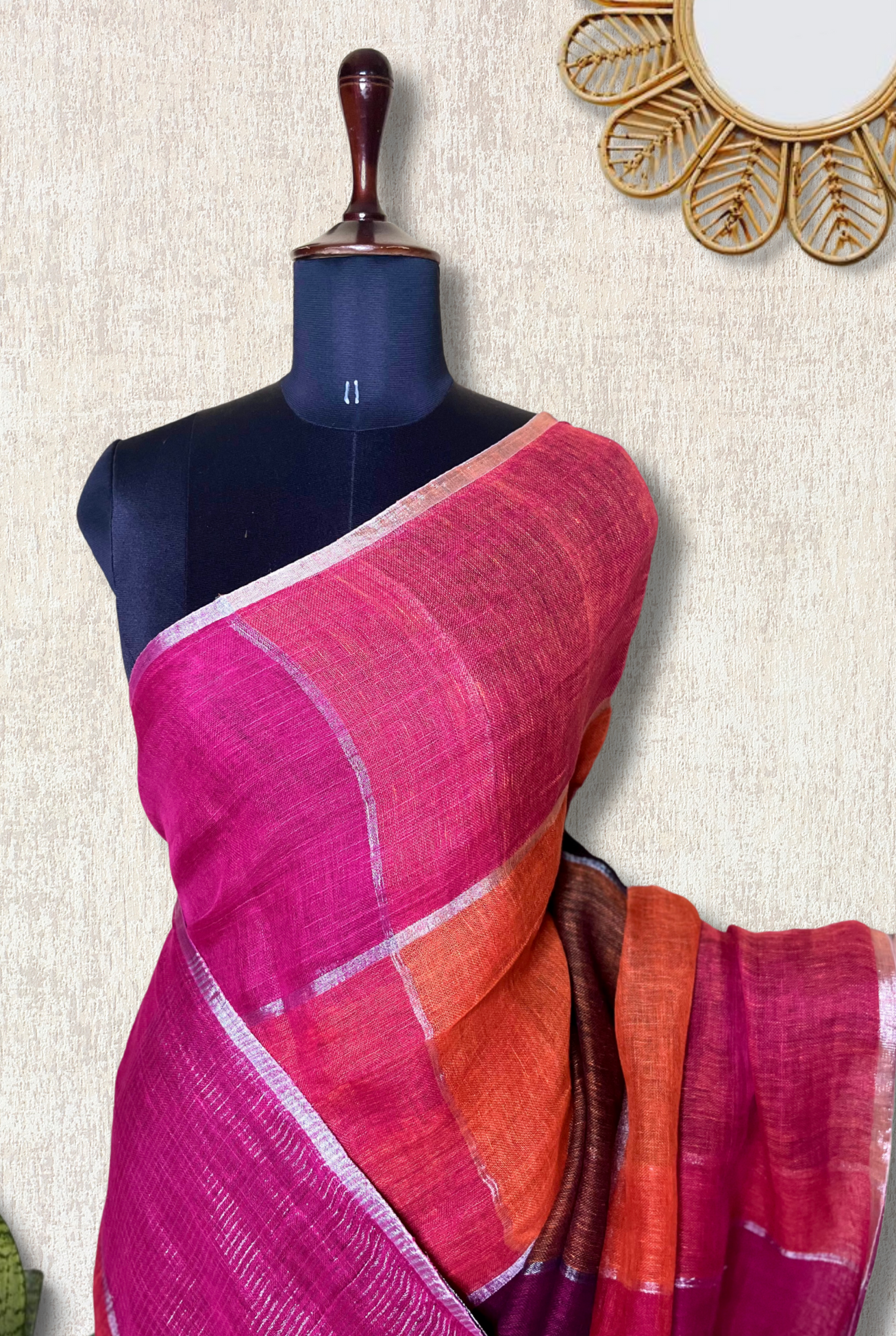 Handwoven Linen Saree -  Deep Pink + Rich Magenta