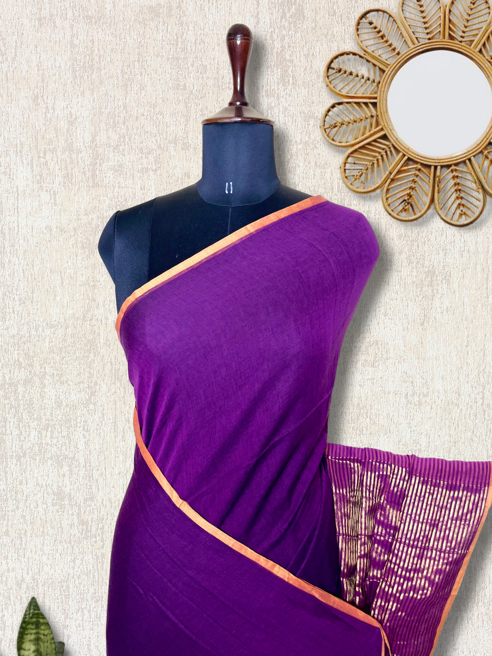 Handwoven Cotton Saree -  Electric Purple + Gold